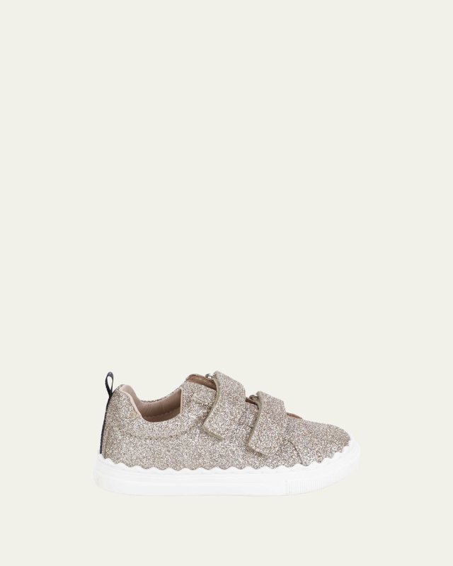 Girl's Grip Strap Glittery Calf Leather Sneakers,